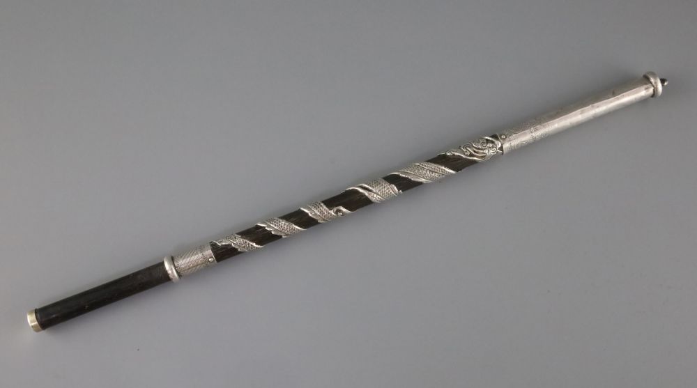 A Chinese hardwood and silver overlaid baton, 19th century, L.36.5cm